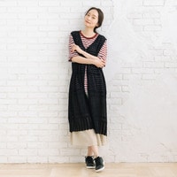 スクエアメッシュニットジレ×【UV・汗染み防止】ボーダー半袖カットソーアンサンブル