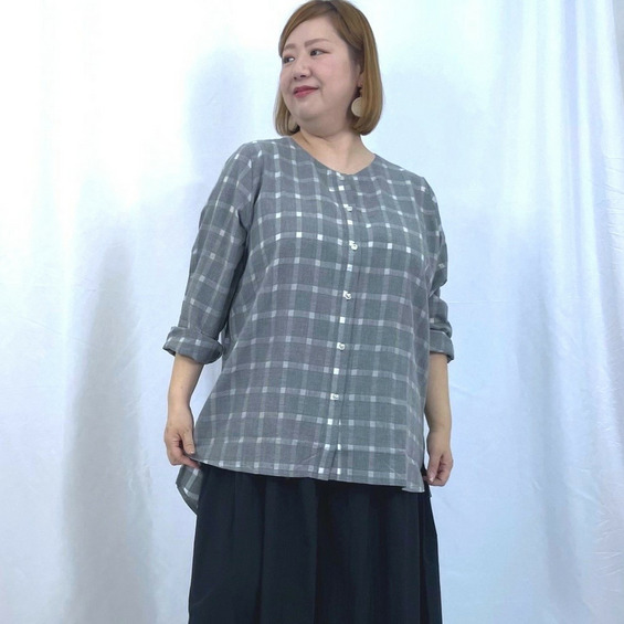 【5L-8L】チェック柄 ノーカラーシャツチュニック 大きいサイズレディース【アリノマ/Alinoma】 【5L-8L】チェック柄 ノーカラーシャツチュニック 大きいサイズレディース【アリノマ/Alinoma】