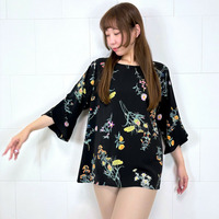 [3L][日本製]フレア袖アンティークデジンプリントブラウス