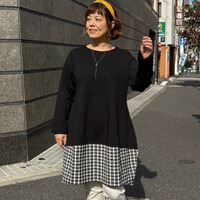 [3L-7L][日本製]アドニスポンチ×イタリア製タフタモノトーンチェックジャガード切替コクーンチュニック