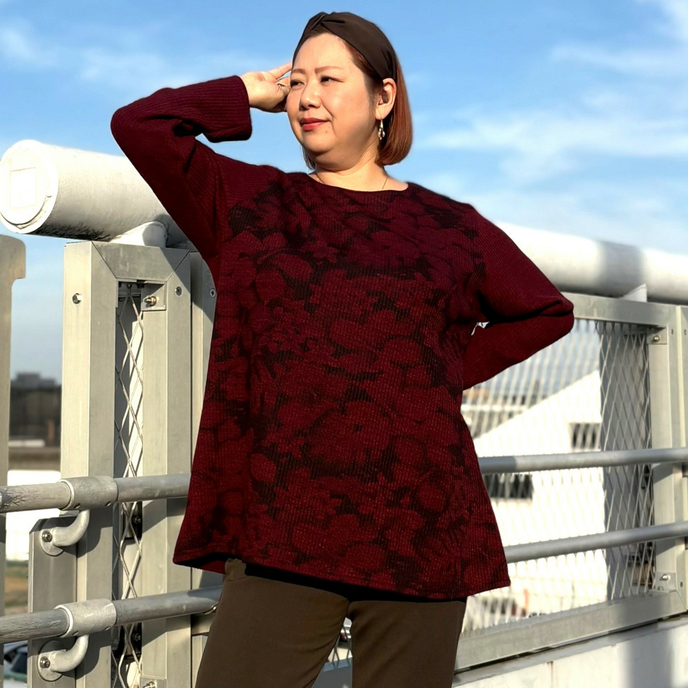 [3L-9L][日本製]針抜き花柄切替ニットソーチュニック