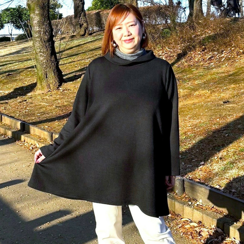 [5L-10L][日本製]ロールネック片面針抜きニットチュニック