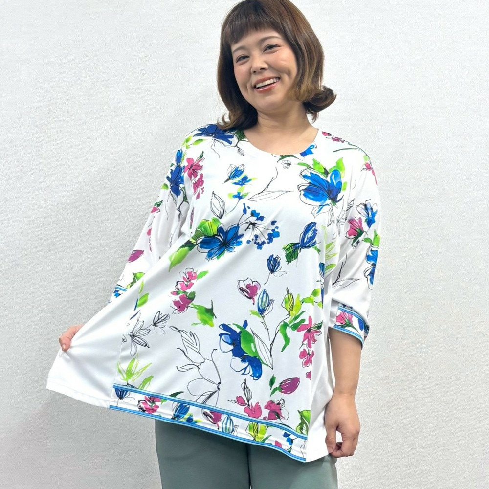 [3L・5L][日本製]フラワープリントプルオーバー