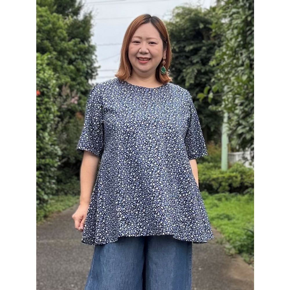 裾切替60ローン花柄プリントAラインチュニック