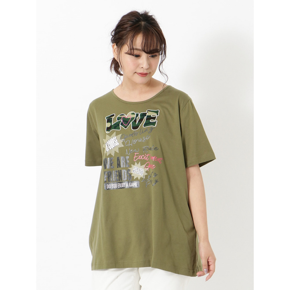 【3-10L】LOVEロゴTシャツ　大きいサイズ レディース カーキ 1