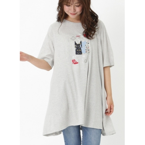 【3-8L】お洋服アップリケロング丈Tシャツ　大きいサイズ レディース【アリノマ/Alinoma】