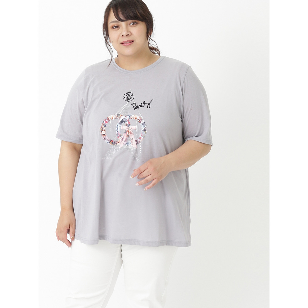 【3-10L】AラインプリントTシャツ　大きいサイズ レディース グレー 1