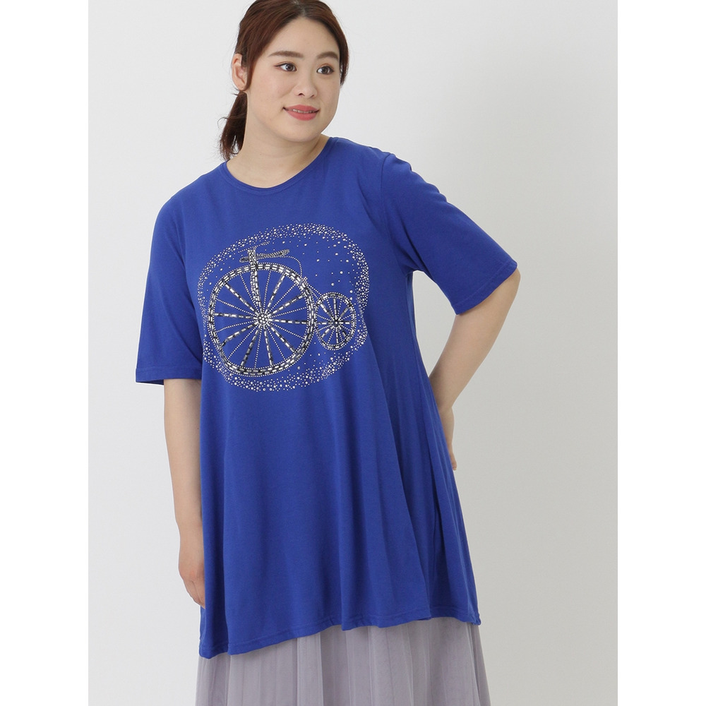 【3-10L】AラインフレアプリントTシャツ　大きいサイズ レディース ブルー 1