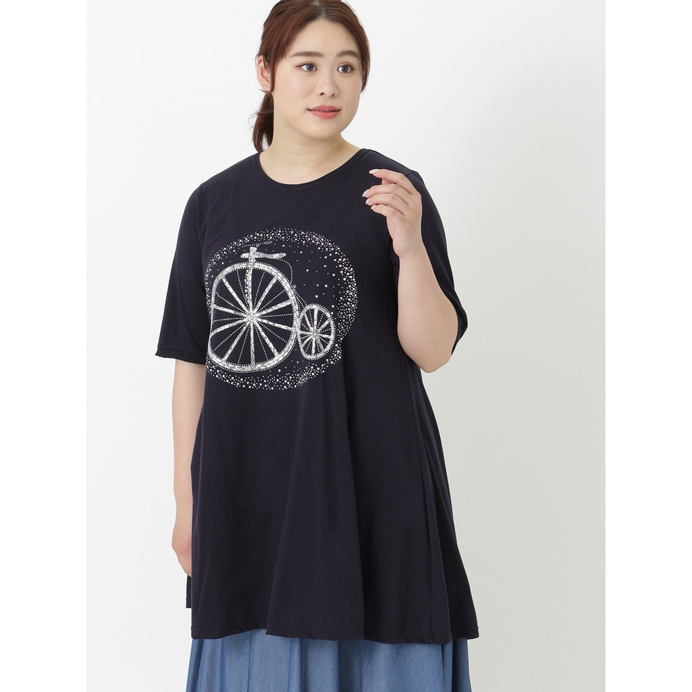 【3-10L】AラインフレアプリントTシャツ　大きいサイズ レディース ネイビー 1