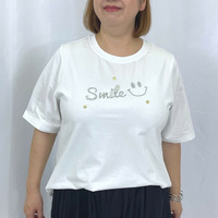 ［3L-7L］スマイルロゴTシャツ 綿混 ラメプリント パールスタッズ メッシュ切替 大きいサイスレディース