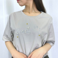 ［3L-7L］スマイルロゴTシャツ 綿混 ラメプリント パールスタッズ メッシュ切替 大きいサイスレディース