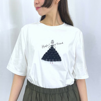［3L-7L］フリルドレスプリントTシャツ オーガンジーリボン付き レディース カジュアル 五分袖 F2・F3 大きいサイズレディース