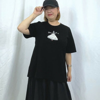 ［3L-7L］フリルドレスプリントTシャツ オーガンジーリボン付き レディース カジュアル 五分袖 F2・F4 大きいサイズレディース