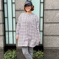 ヘリンボーンチェックラウンドカラーロングシャツ