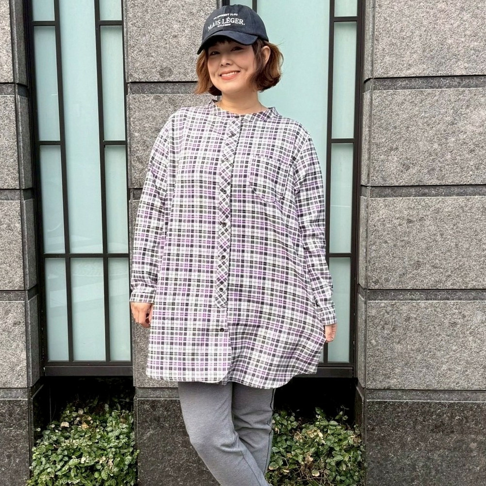 ヘリンボーンチェックラウンドカラーロングシャツ1