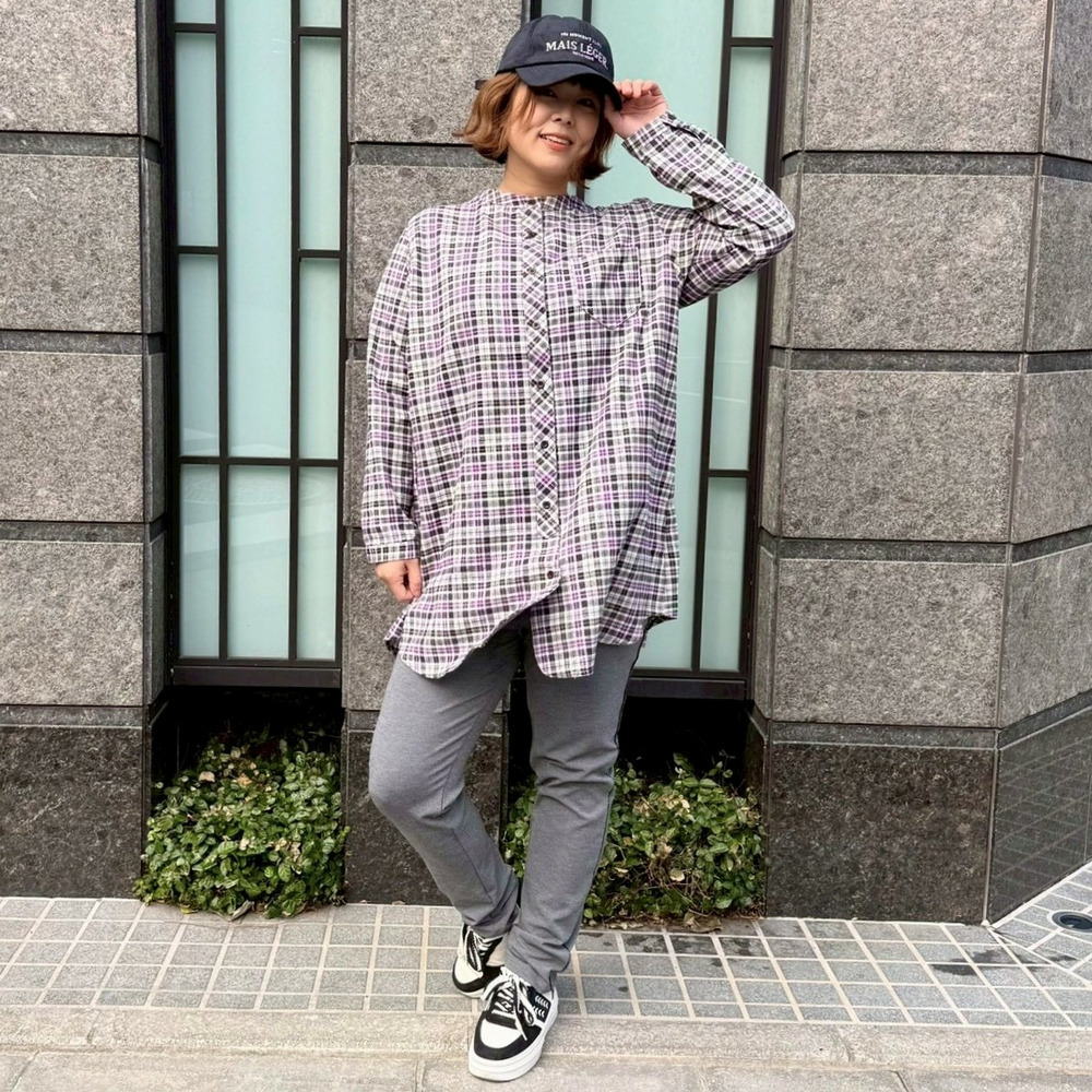 ヘリンボーンチェックラウンドカラーロングシャツ10