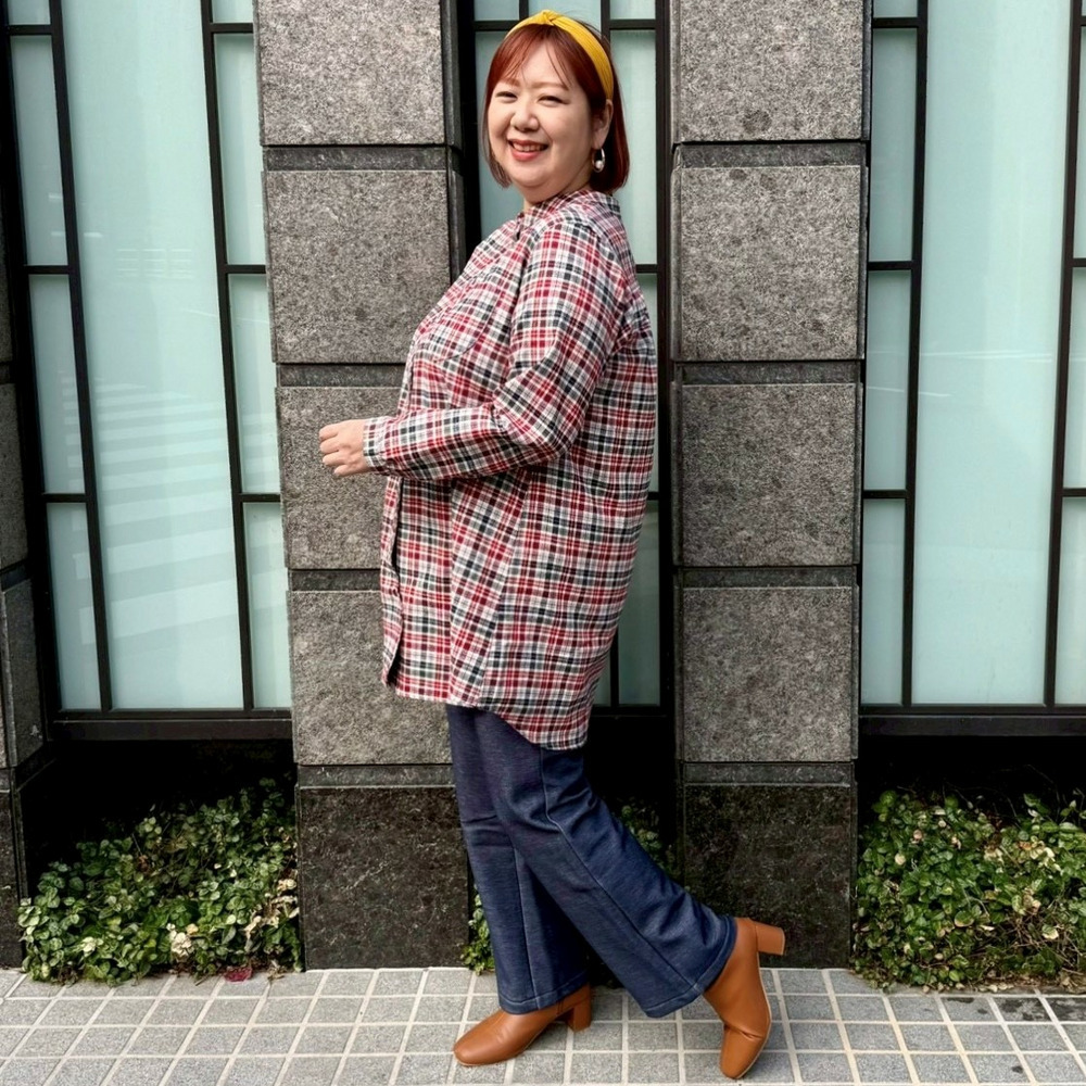 ヘリンボーンチェックラウンドカラーロングシャツ13