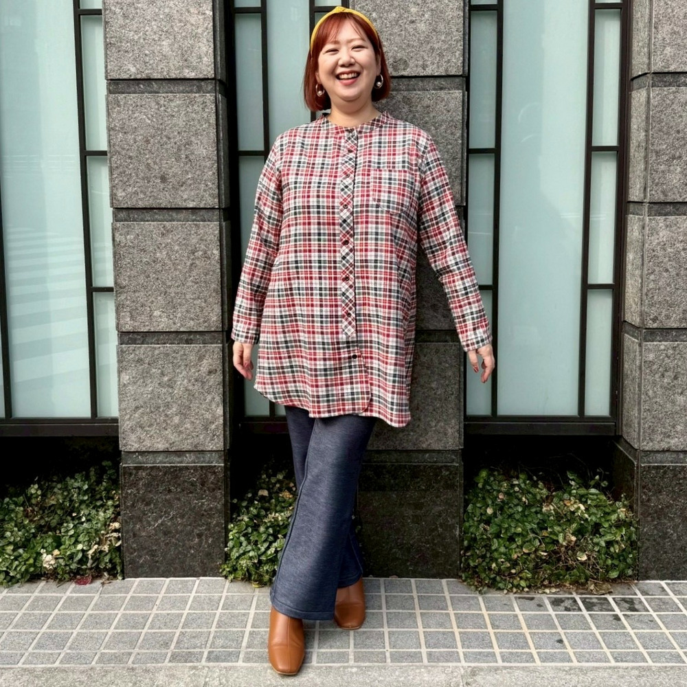 ヘリンボーンチェックラウンドカラーロングシャツ15