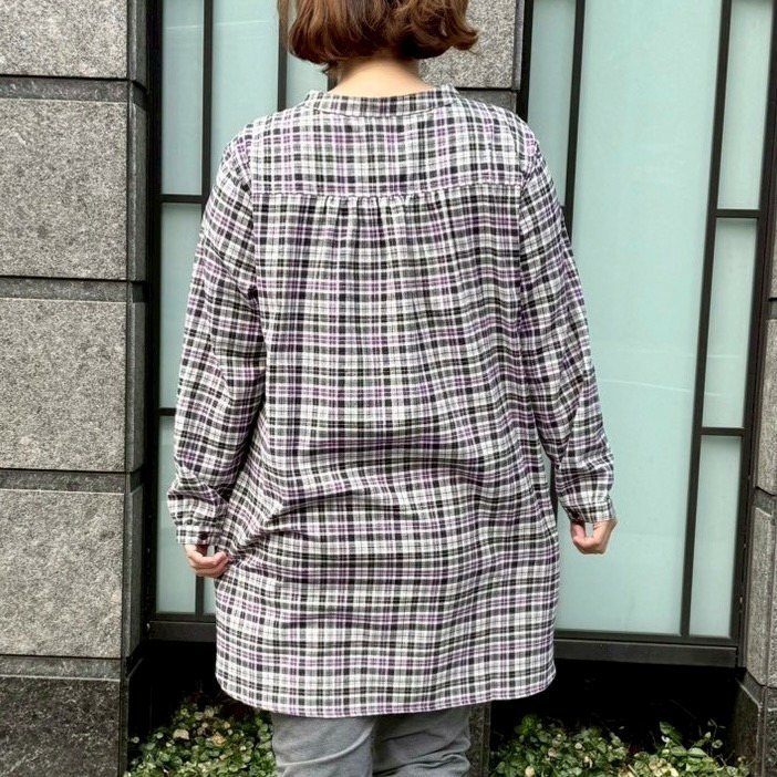 ヘリンボーンチェックラウンドカラーロングシャツ3