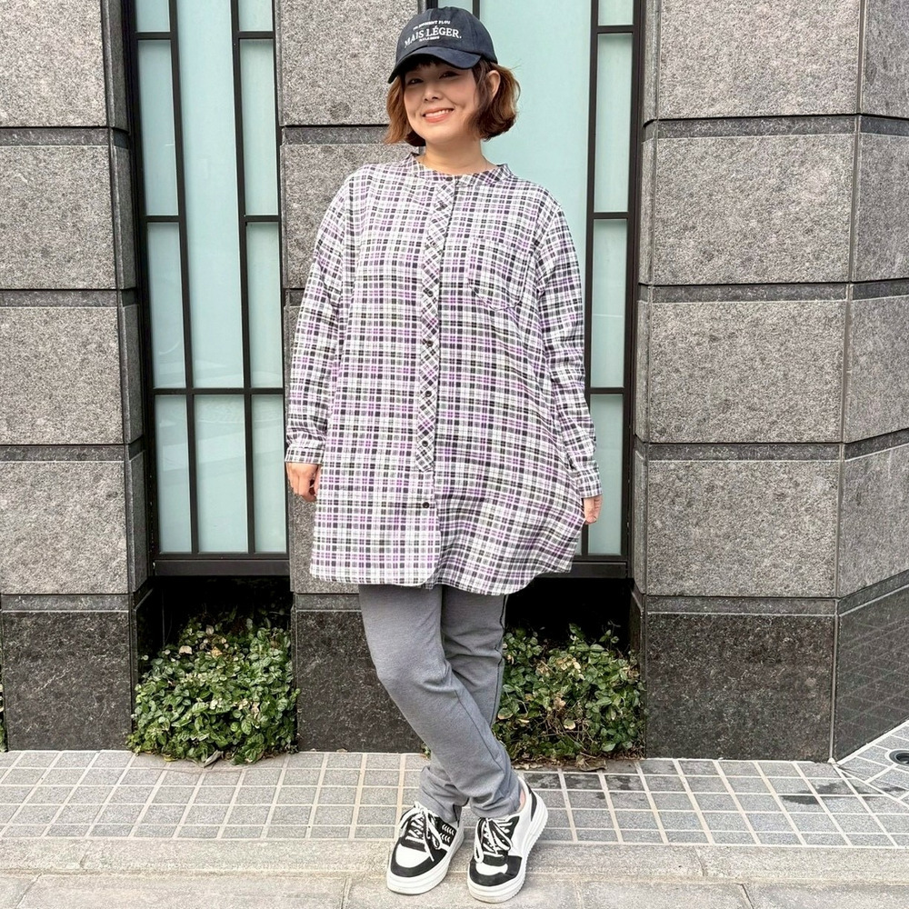 ヘリンボーンチェックラウンドカラーロングシャツ9