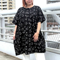 [3L・8L][日本製]リップルキャットプリントコクーンチュニック