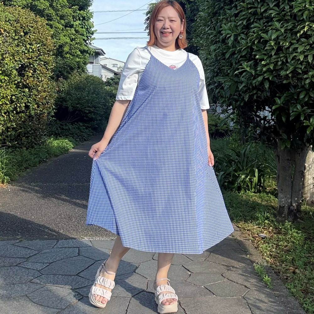 [3L-7L][日本製]ギンガムチェックキャミソールワンピース