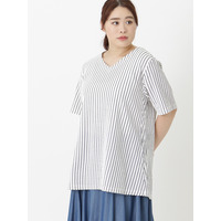 【3-10L】【日本製】コードサッカーストライプVネックTシャツ　大きいサイズ レディース