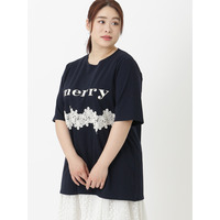 【3-10L】ロゴプリント＆レースTシャツ　大きいサイズ レディース
