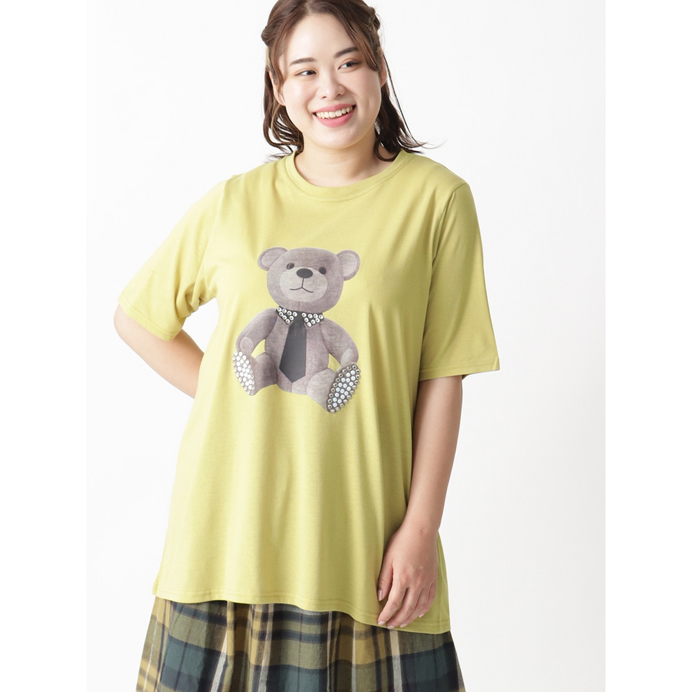 【3-10L】ベアプリントビジューTシャツ　大きいサイズ レディース ピスタチオ 1