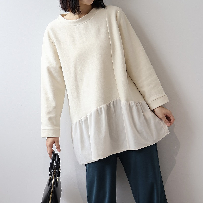 裏起毛スエットベロア切替えチュニックカットソー3