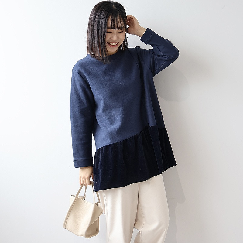 裏起毛スエットベロア切替えチュニックカットソー5
