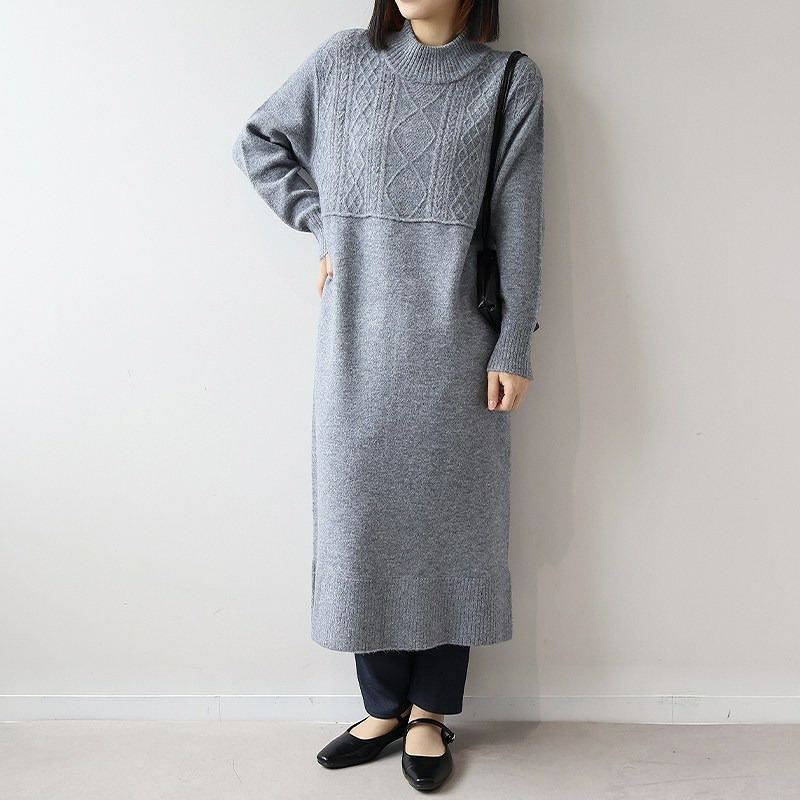 ケーブル切替えハイネックニットワンピース3