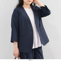 【イージーケア/吸水速乾】ドライタッチ サッカー素材 7分袖ノーカラージャケットLL/3L/4L/5L fleur by mint breeze 