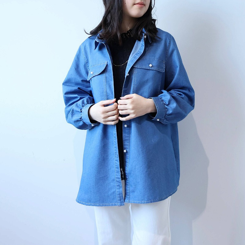 ライトオンスデニムパール釦シャツ LL/3L/4L/5L leswel ミントブリーズ10