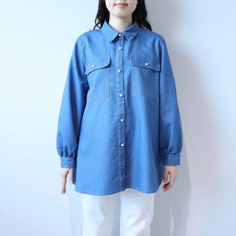 ライトオンスデニムパール釦シャツ LL/3L/4L/5L leswel ミントブリーズ11