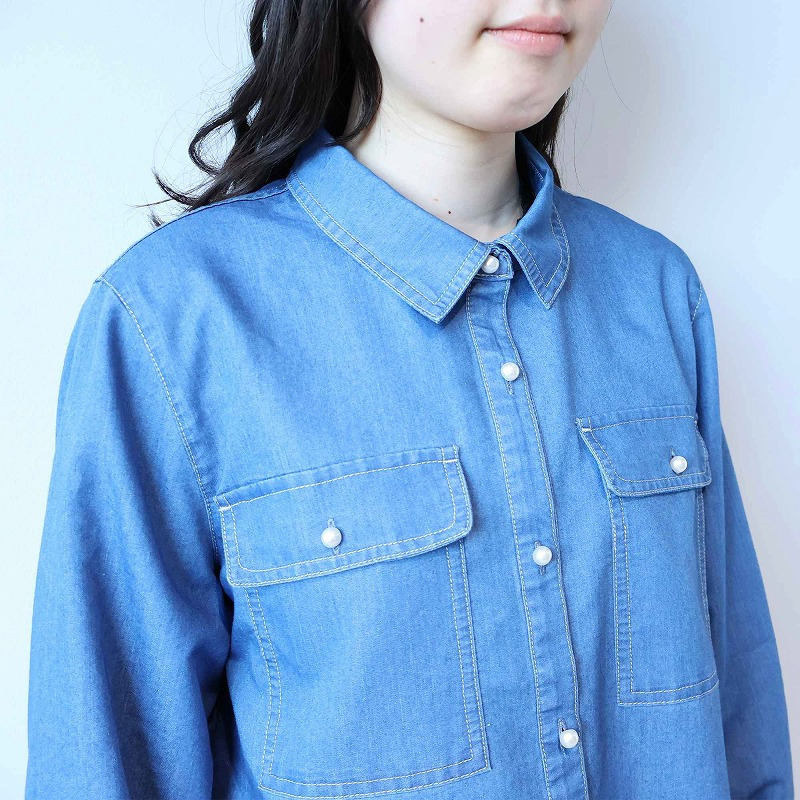 ライトオンスデニムパール釦シャツ LL/3L/4L/5L leswel ミントブリーズ14