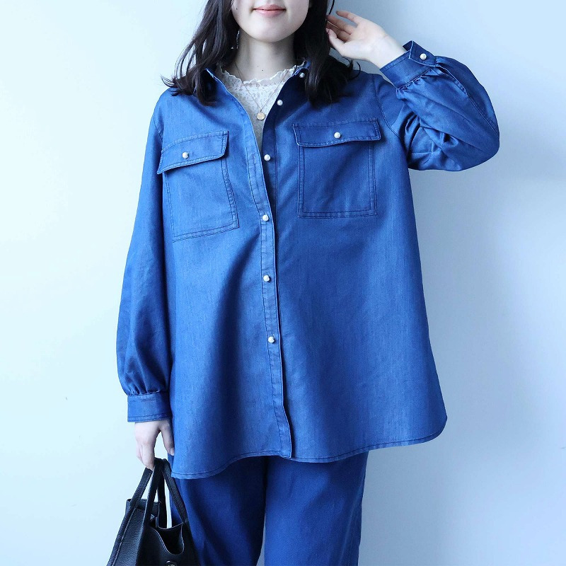 ライトオンスデニムパール釦シャツ LL/3L/4L/5L leswel ミントブリーズ5