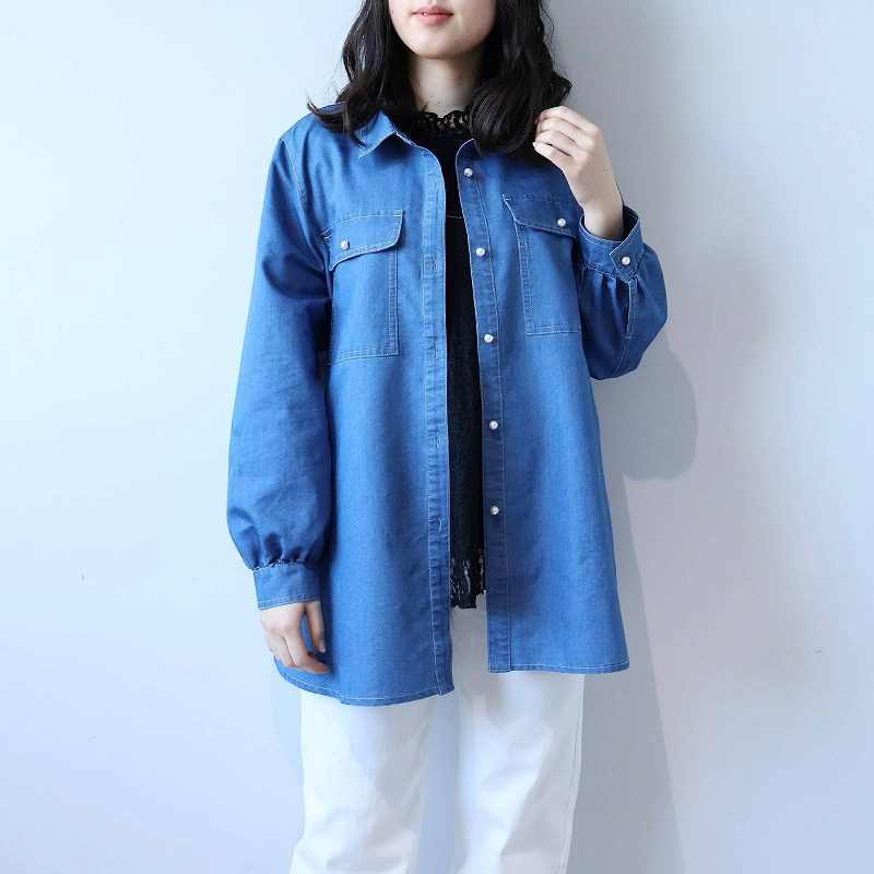 ライトオンスデニムパール釦シャツ LL/3L/4L/5L leswel ミントブリーズ9