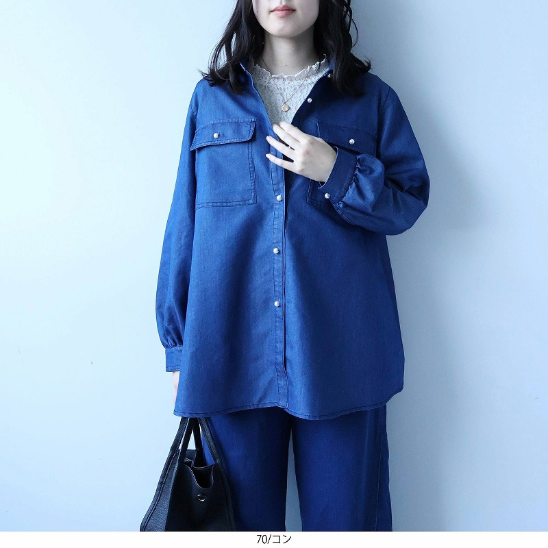 ライトオンスデニムパール釦シャツ LL/3L/4L/5L leswel ミントブリーズ1