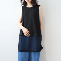 【接触冷感】シルケット天竺レース切替ノースリーブチュニック LL/3L/4L/5L leswelレスウェル