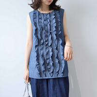 デニムノースリーブ フリルブラウス LL/3L/4L/5L leswelレスウェル