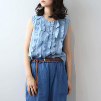 デニムノースリーブ フリルブラウス LL/3L/4L/5L leswelレスウェル