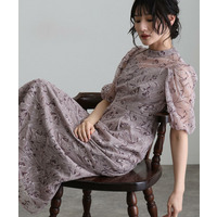 配色刺繍レースパフスリーブドレス