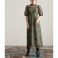 配色刺繍レースパフスリーブドレス