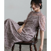 配色刺繍レースパフスリーブドレス