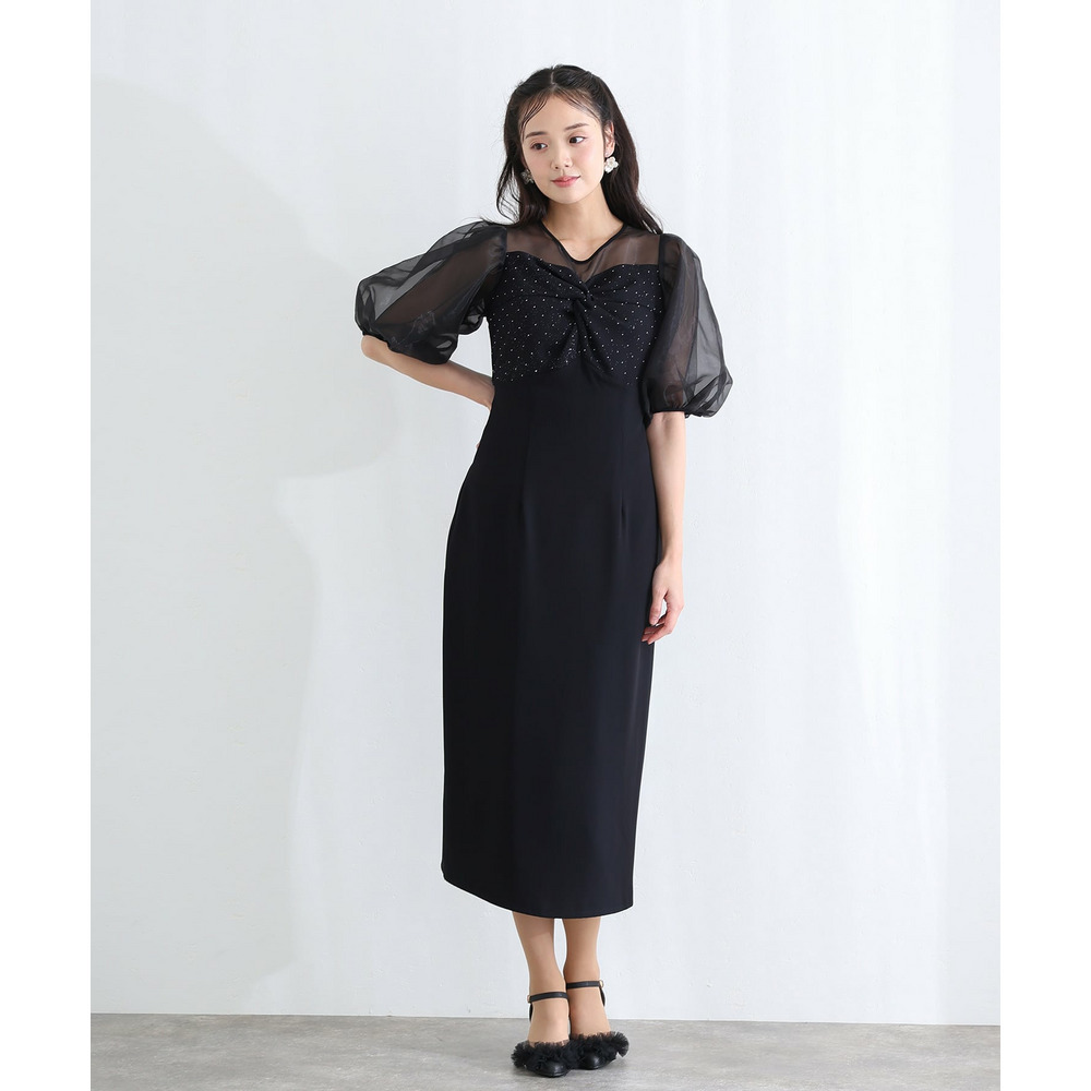 リボンデザインドットラインストーンワンピース