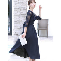 【結婚式・パーティードレス】パーティードレスワンピースミモレ丈と七分袖ハイウエスト大きいサイズフォーマル