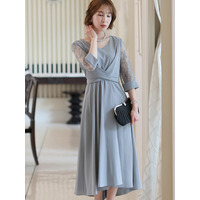 【結婚式・パーティードレス】スリーブレース切り替えリボンワンピース　大きいサイズ レディース