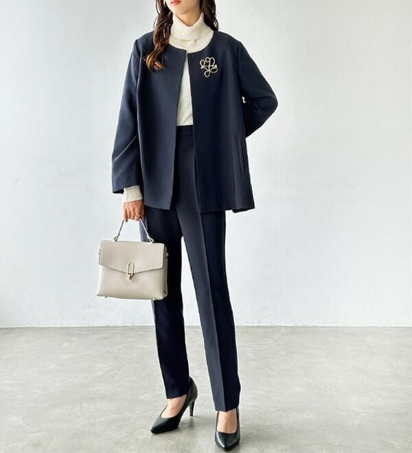 【2点セット】ノーカラーフレアーラインジャケットセットアップ