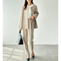 【2点セット】ノーカラーフレアーラインジャケットセットアップ